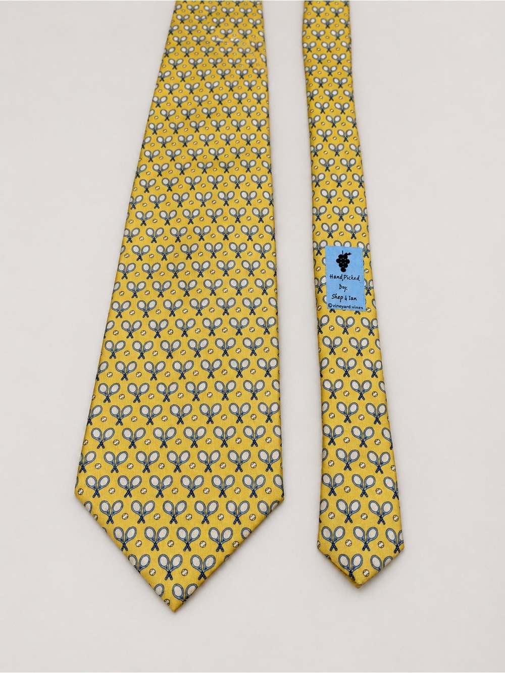 Vineyard Vines Hand Picked By Shep & Ian Tennis Racket 100% Silk Tie Yellow